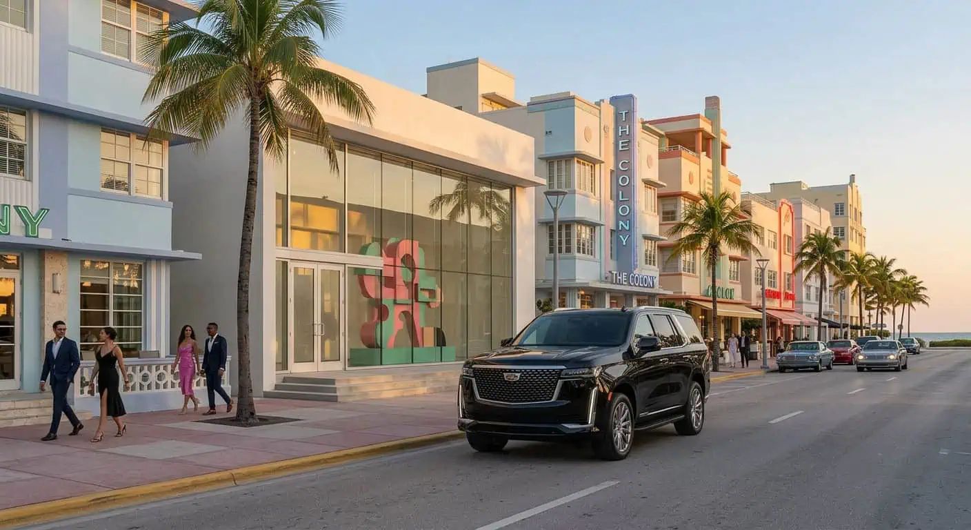 Miami luxury car service: a black Cadillac Escalade on Ocean Drive beside the Art Deco hotels