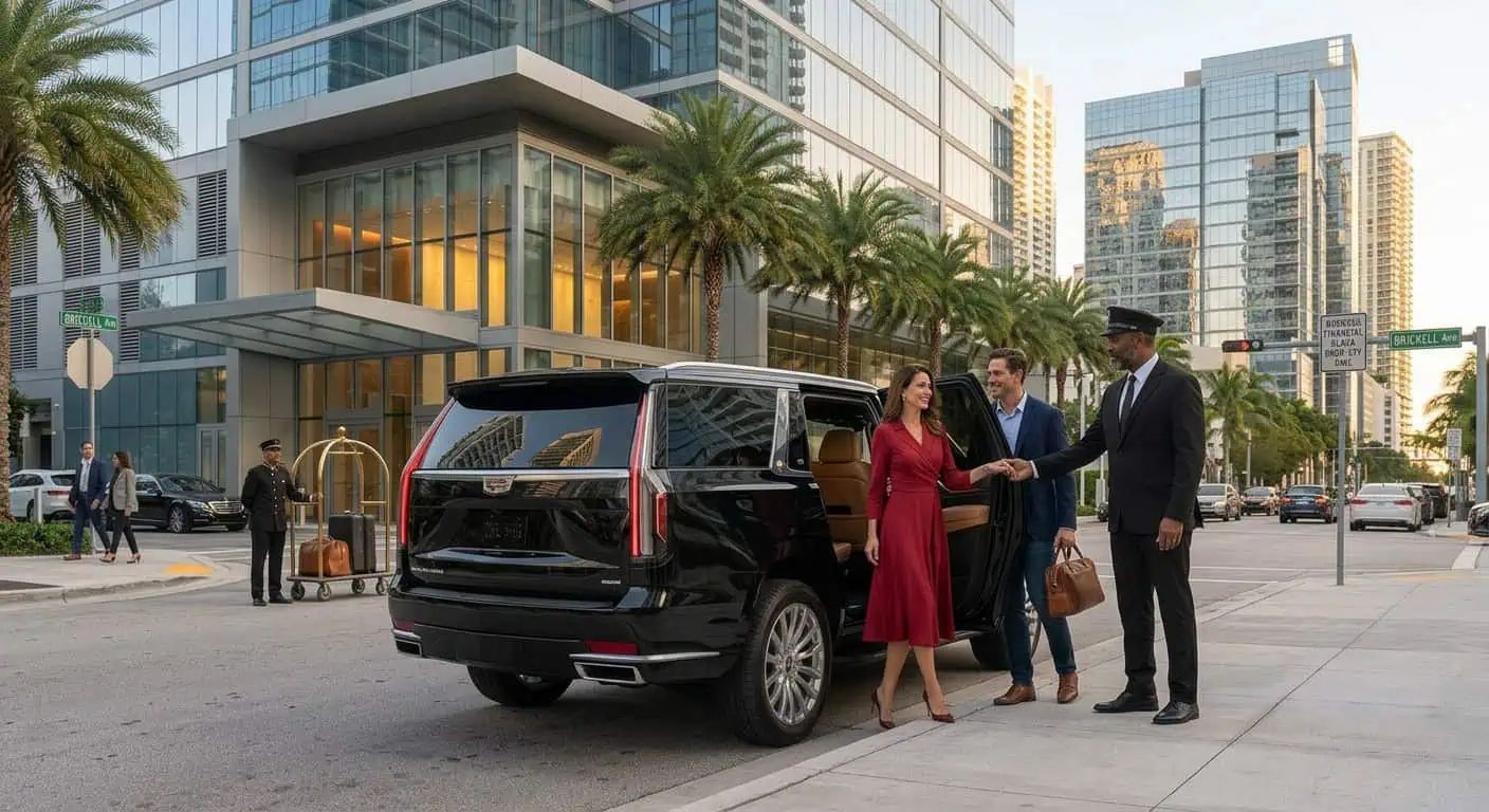 Wedding guest shuttle in Miami: a chauffeur helping a couple into a black Cadillac Escalade outside a hotel