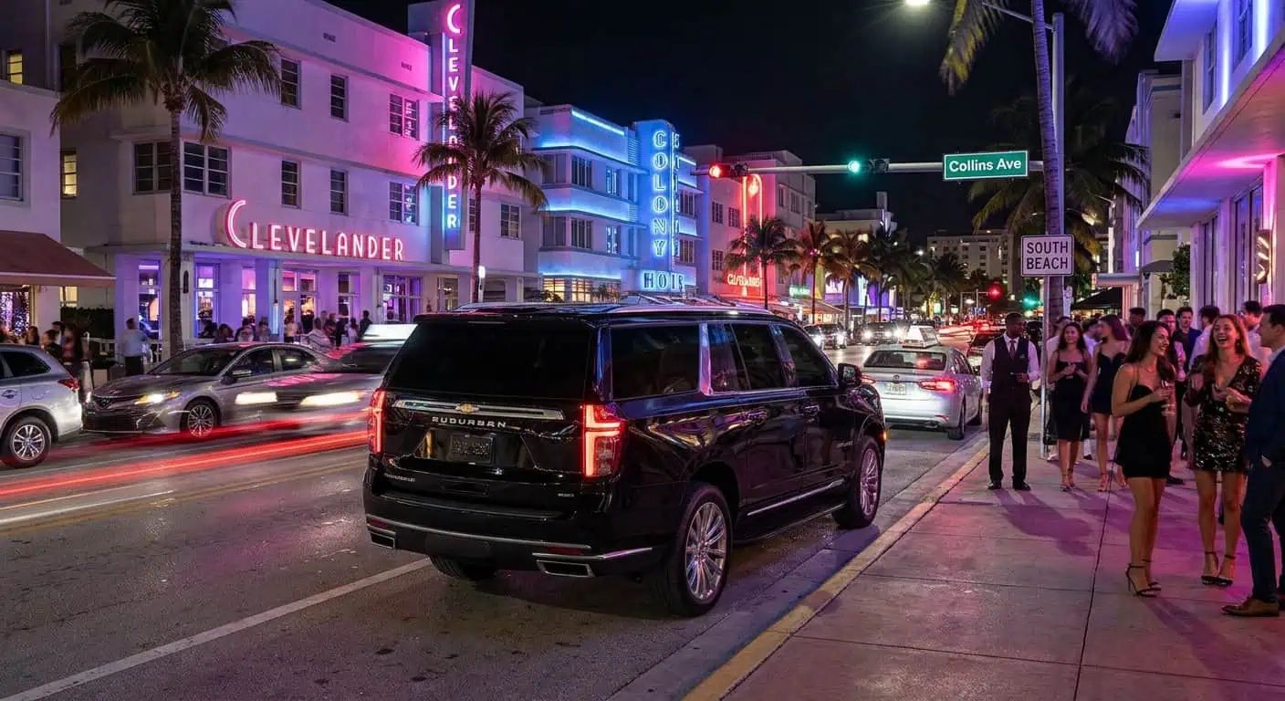South Beach night out: a black Chevrolet Suburban waiting on Collins Avenue outside the neon-lit hotels