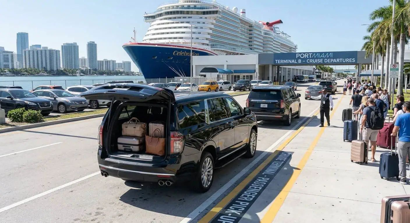 PortMiami cruise transfer: a black Chevrolet Suburban with its tailgate open and luggage loaded at the cruise terminal curb