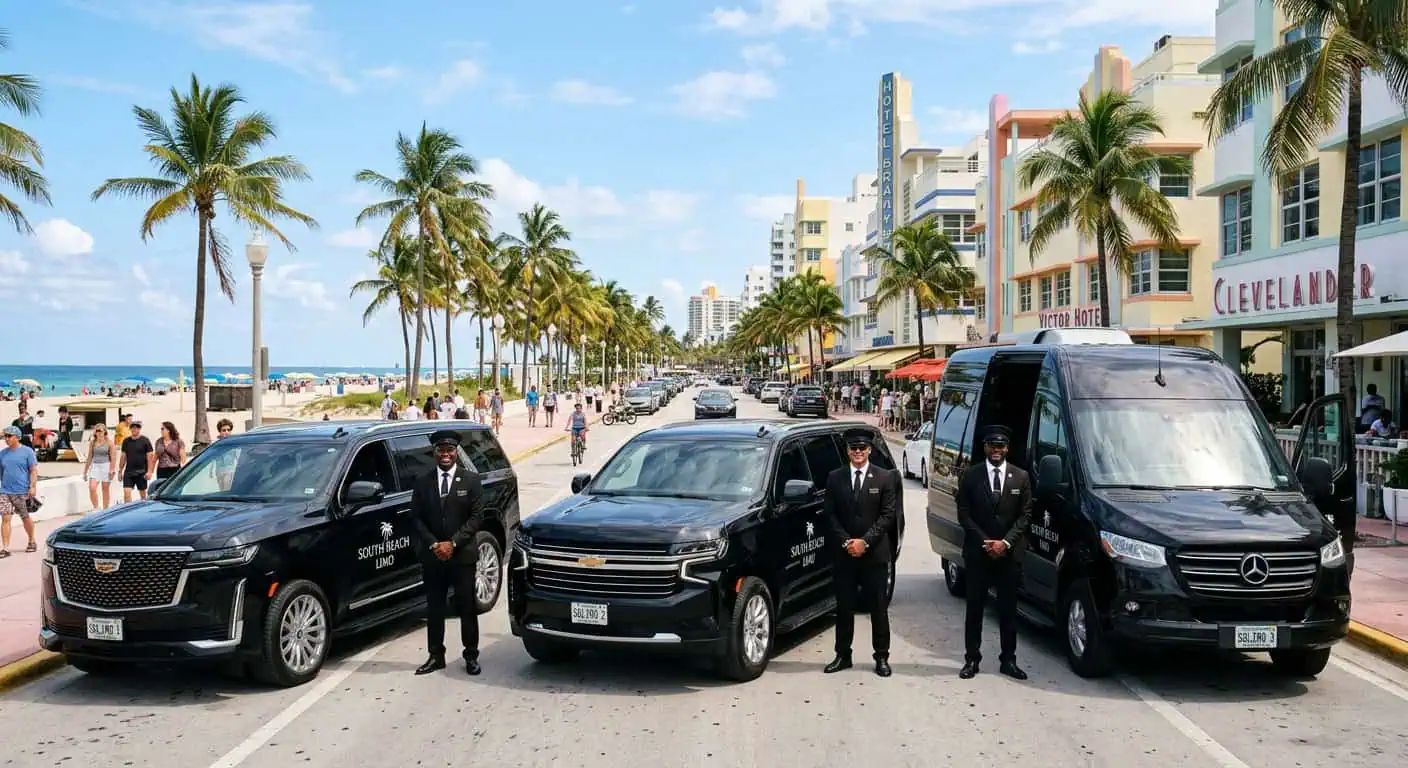 South Beach Limo chauffeurs beside a black Escalade, Suburban and Sprinter on Ocean Drive, South Beach