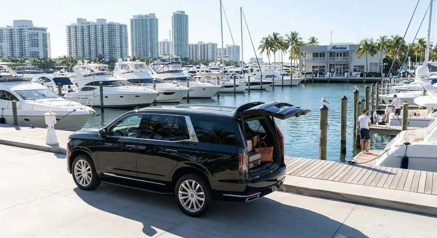 Black Cadillac Escalade waiting at a Miami marina during boat show week